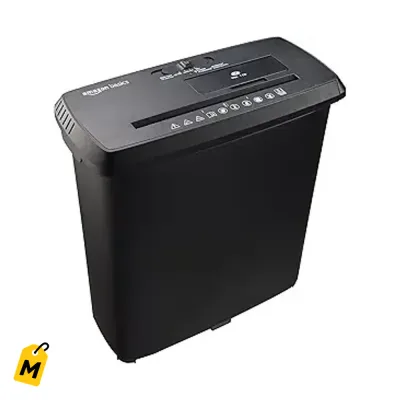 Amazon Basics Trituradora de Papel 8 Hojas Corte Tiras Casa Oficina CD Tarjetas Negra