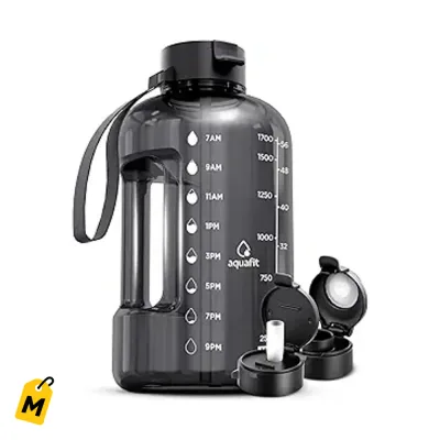 AQUAFIT Botella de Agua 64oz con Marcador de Tiempo y Doble Tapa - Medio Galon Sin BPA Par