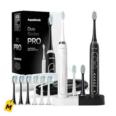 Aquasonic Duo PRO: Set Cepillos Electricos Blanqueadores con 5 Modos y 10 Cabezales