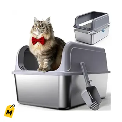 Arenero Powools Acero Inoxidable pa Gatos con Pala, Bordes Altos, Anti-Fugas, Facil Limpie