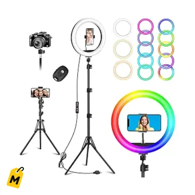 Aro de Luz Selfie 10.3in con Tripode y Soporte Celular. 96 Modos RGB y Remoto pa iPhone y 