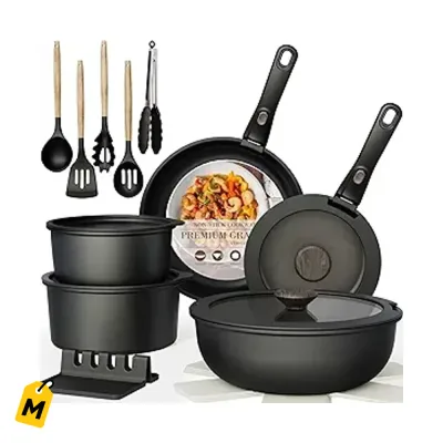 Astercook Juego 21 Pcs Calderos y Sartenes Ceramica Antiadherente Mango Quita y Pon Apilab