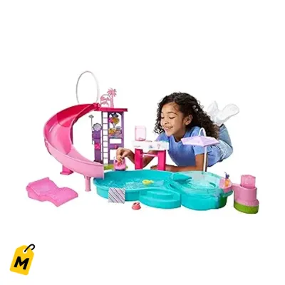 Barbie Piscina de Suenos con Tobogan y Jacuzzi Burbujeante, 20+ Accesorios