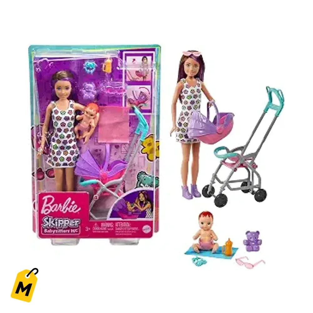 Barbie Skipper Cuidando Ninos Set: Skipper, Bebe, Cochecito y Accesorios Pa la Nena