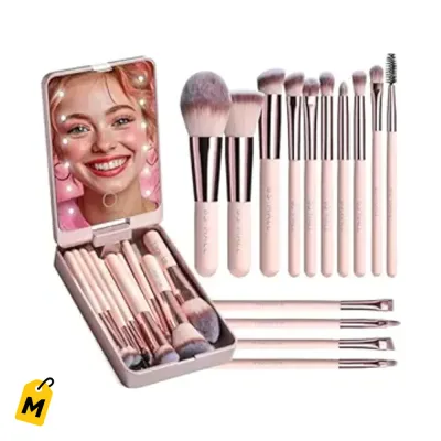BS-MALL Set de Maquillaje: 14 Brochas y Espejo LED Portatil APINK