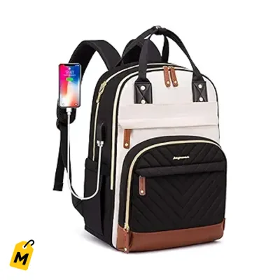 Bulto Laptop Mujer 15.6 pulg USB Trabajo Viaje Uni Antirrobo Enfermera Maestra Beige Negro