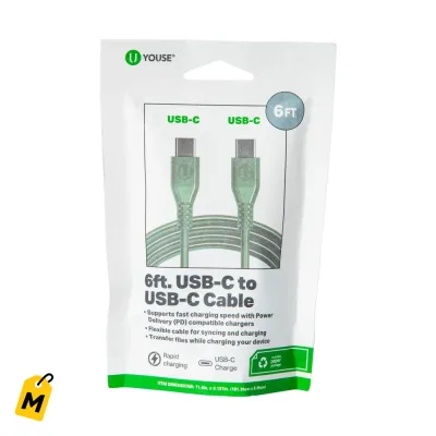 Cable USB-C a USB-C u youse 6 pies pa Cargar y Pasar Data Rapido