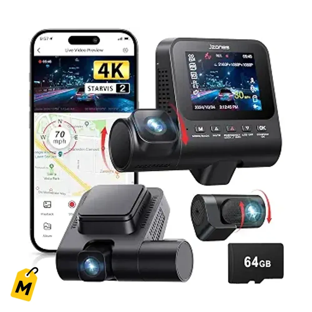 Camara Dash 4K 3 Canales Pa Carro, Frente, Atras y Cabina, Vision Nocturna, WiFi 6, 64GB