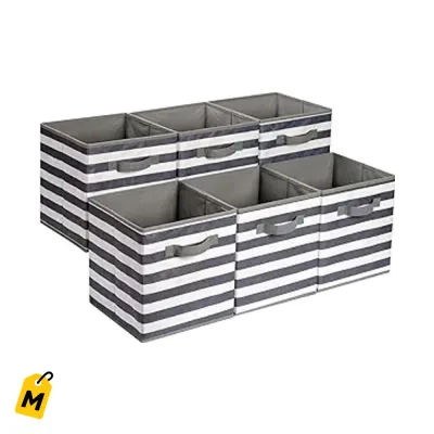 Canastos Plegables de Tela con Asas para Organizar tu Casa, Blanco/Gris, Pack de 6