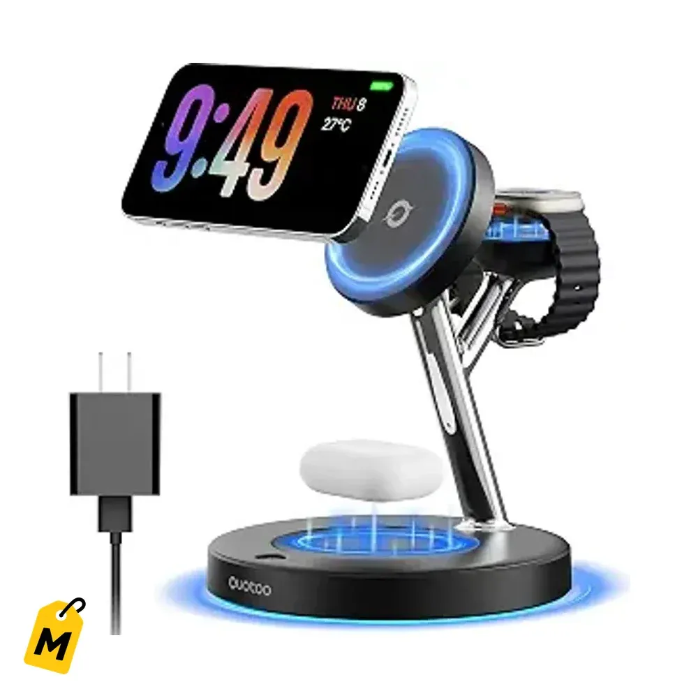 Cargador Inalambrico MagSafe 3 en 1 iPhone Apple Watch AirPods Luz Azul 15W