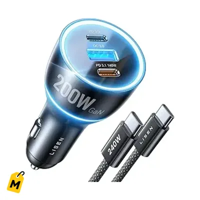 Cargador LISEN 200W USB C pa carro: Carga PD 140W rapida pa iPhone, MacBook, Samsung y mas