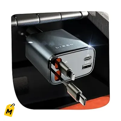 Cargador LISEN Retractil 84W Pa Carro USB C Rapido, Accesorios Auto, Regalo Ideal