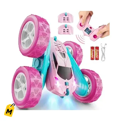 Carro RC Rosado Qunreda Acrobacias 360 Doble Cara Luces Para Ninas