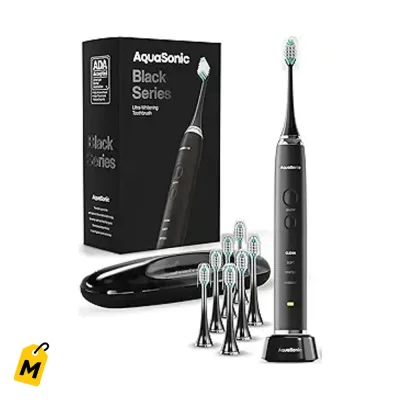 Cepillo Electrico Aquasonic Black Series - Sonrisa Brillante, 8 Cabezales y Estuche de Via