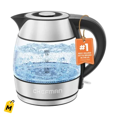 Chefman Caldera Electrica 1.2L - Hierve al Toque, Tapa Facil, Acero Inoxidable