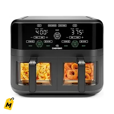 CHEFMAN Freidora de Aire Doble 6QT con Ventanas y 2 Canastas Antiadherentes Digital Negro