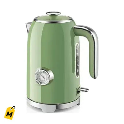 Hervidor Electrico SUSTEAS 1.7L - Agua Caliente Rapido, Termometro, Verde Retro