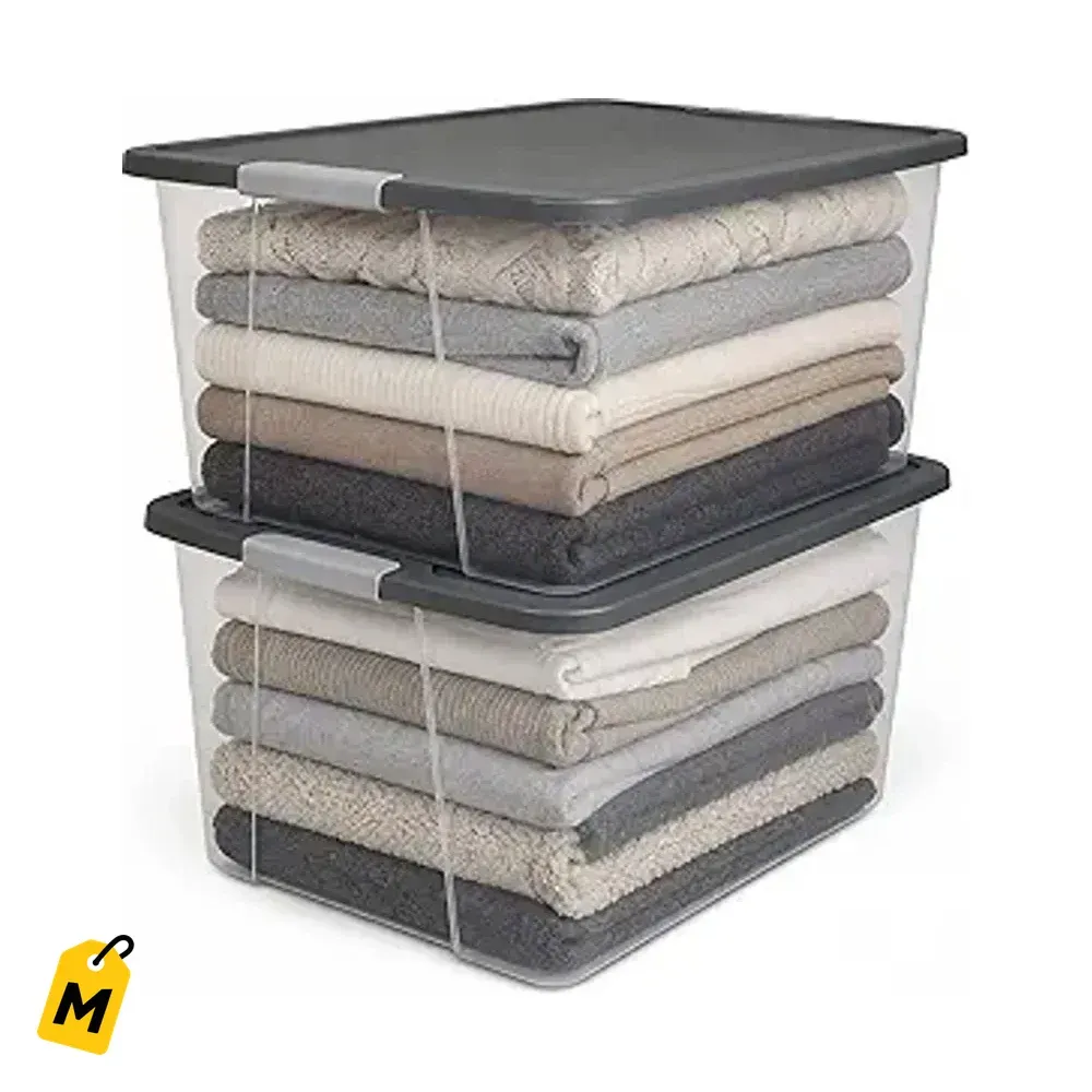 HOMZ Pack de 2 Cajas Organizadoras Plasticas Transparentes Resistentes Tapa Gris