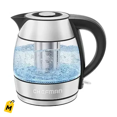 Jarra Electrica Chefman 1.2L - Hervidor de Agua, Te, Infusor, Vidrio, Apagado Auto