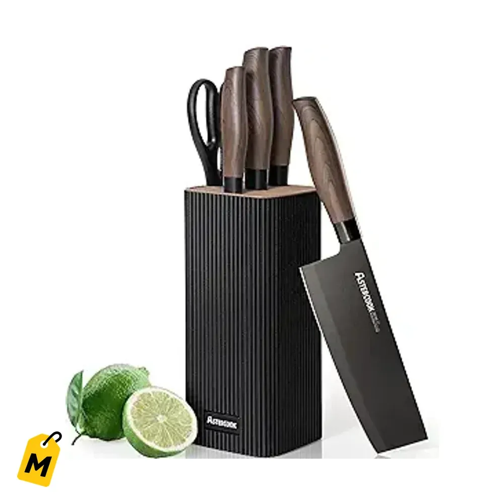 Juego Cuchillos Astercook 6 Pzas con Bloque Negro Acero Inox Mangos Madera
