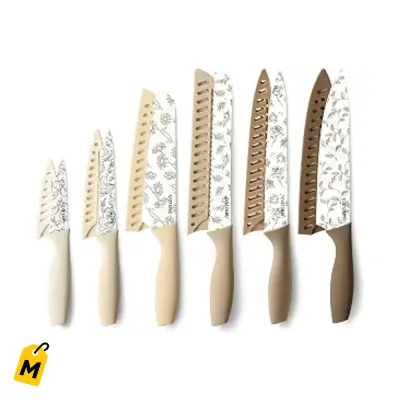 Juego Cuchillos CAROTE 12 Pzas Acero Inox Ceramica Antiadherente Blancos Con Protectores