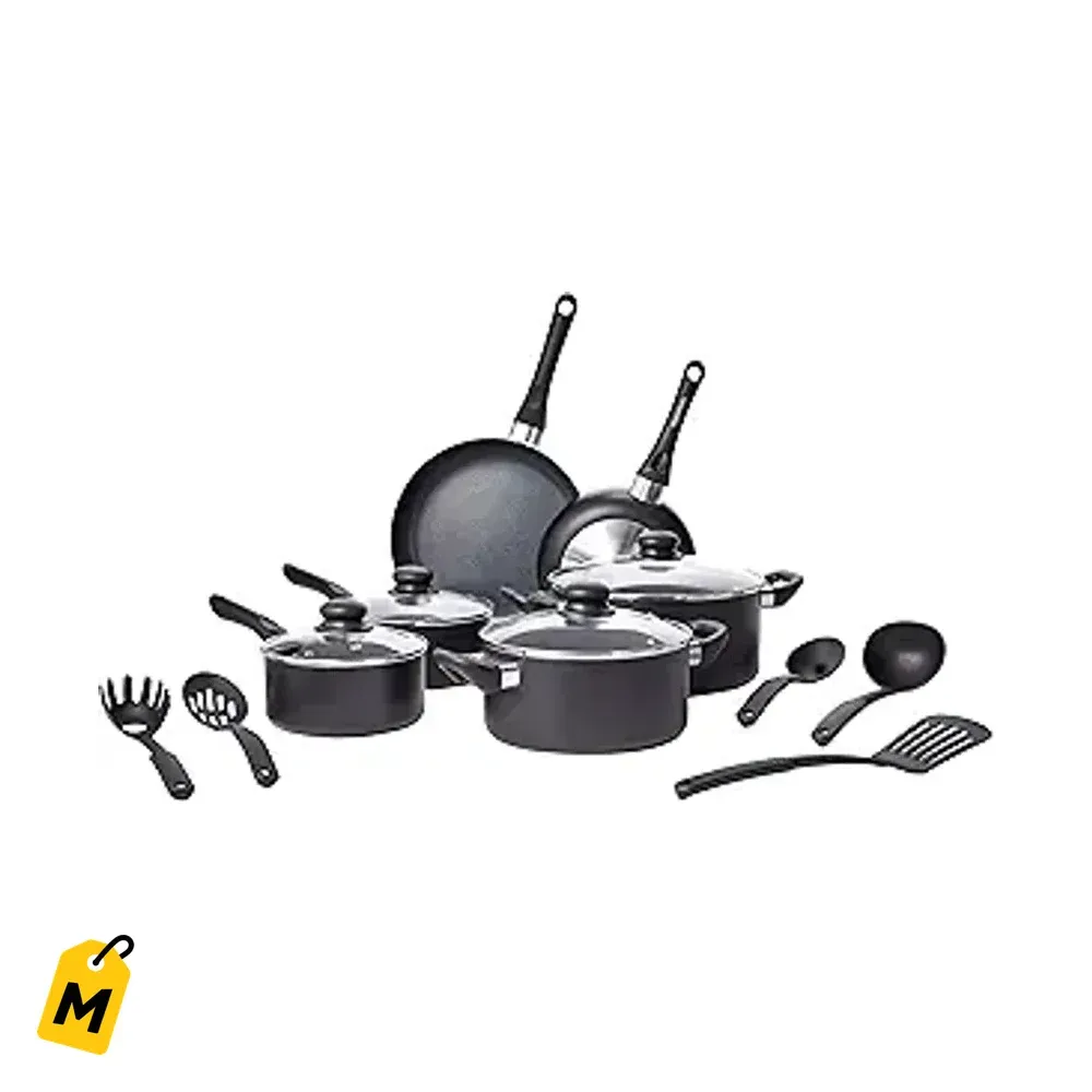 Juego de Ollas y Sartenes Amazon Basics 15 Piezas Antiadherente Mangos Frios Negro