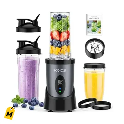 KOIOS Licuadora Personal 900W con 3 Vasos Pa Llevar - Batidas Jugos Frappes