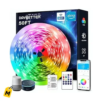 DAYBETTER Luces LED WiFi Inteligentes 50 Pies RGB Control Voz App Alexa Google