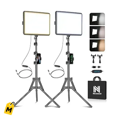 Luces LED NiceVeedi pa Video y Streaming, Kit de 2, Tripode y Soporte Celular