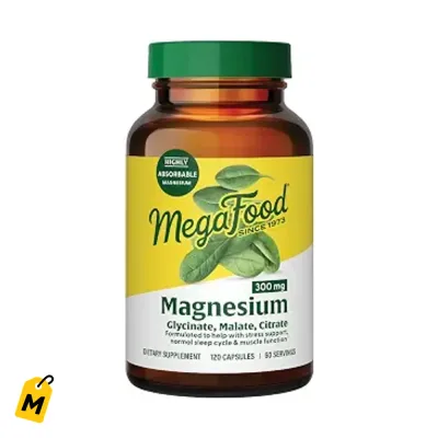 MegaFood Magnesio 3 en 1 (Glicinato, Malato, Citrato) 300mg, 120 Capsulas. Pa Corazon, Mus