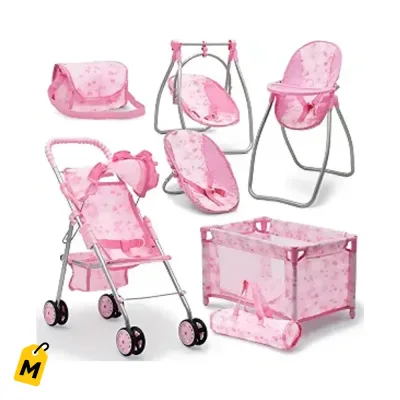 Mercablo Set de Lujo 3 en 1 para Munecas Coche Cuna Silla Alta y Accesorios
