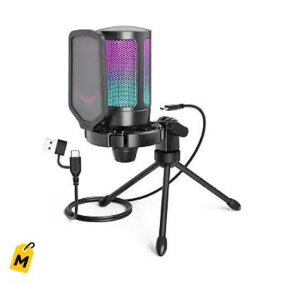 Microfono FIFINE A6V USB RGB pa gamers y streamers PC PS5. Mute rapido y control total.