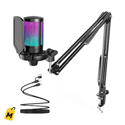Microfono FIFINE A6T USB pa' gaming y streaming. Kit completo con brazo, RGB y mute.
