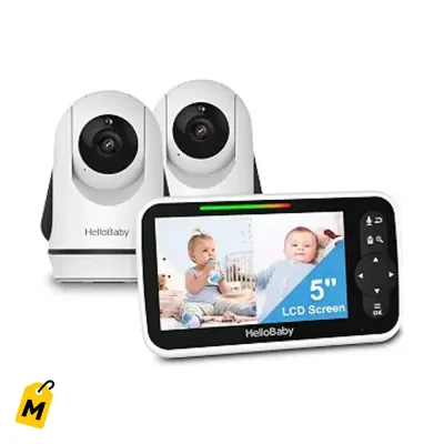 Monitor HelloBaby pa bebes, 2 camaras, pantalla dividida 5", vision nocturna, 30h bateria