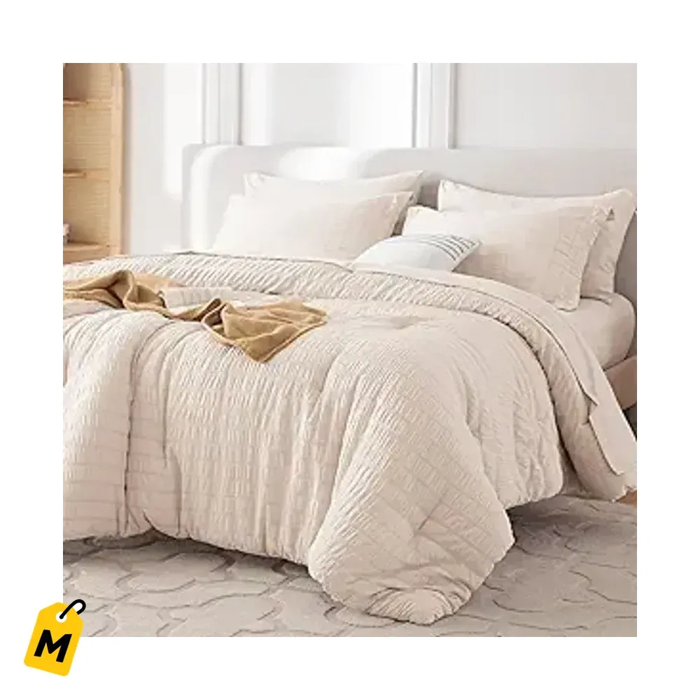 MUXHOMO Juego Cama Queen 7 Piezas Seersucker Beige Comodidad y Lujo