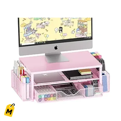 Organizador de Escritorio Rosado con Base para Monitor y Laptop de 2 Niveles con Gaveta