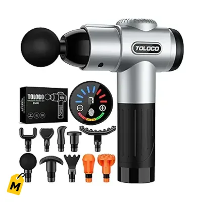 Pistola de Masaje TOLOCO - Alivio Muscular Profundo, 10 Cabezas, Plata
