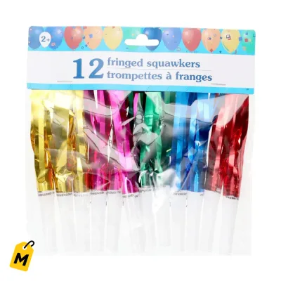 Pitos de Fiesta con Flecos Metalicos - Pack de 12 para la Gozadera