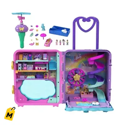 Polly Pocket Resort Pa Llevar | Juego Grande con 4 Munecas, Carro y 25+ Accesorios Portati