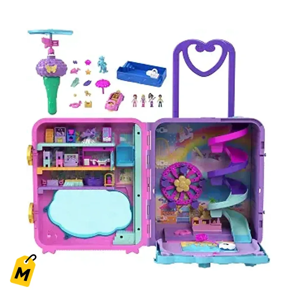 Polly Pocket Resort Pa Llevar | Juego Grande con 4 Munecas, Carro y 25+ Accesorios Portati