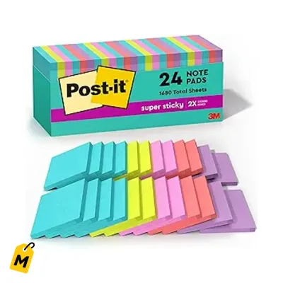 Post-it Super Pegajosas, 24 Pads 3x3, Pa la Escuela y Oficina, Pegan el Doble