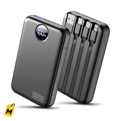 Power Bank 10000mAh con 4 Cables Integrados Super Compacto