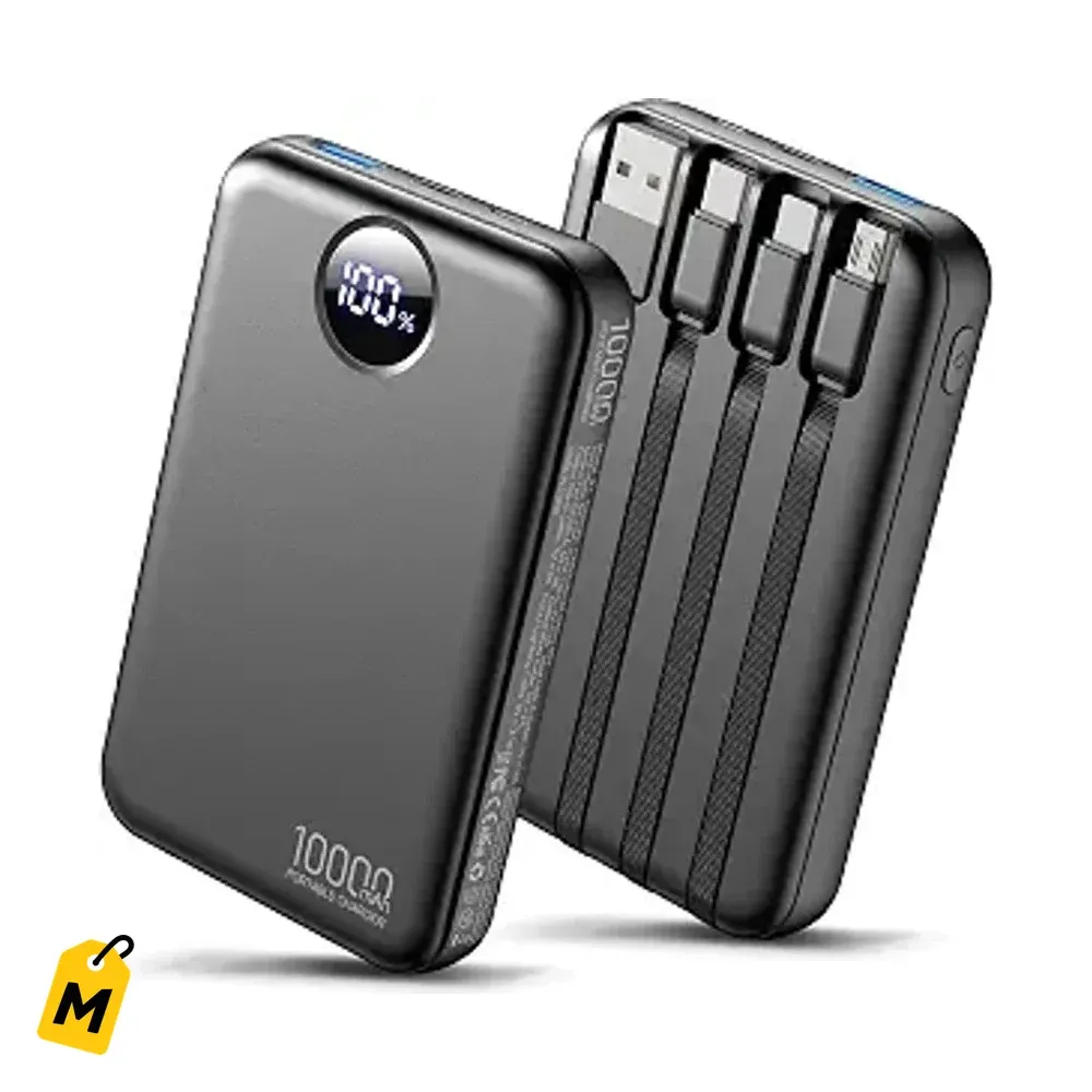 Power Bank 10000mAh con 4 Cables Integrados Super Compacto