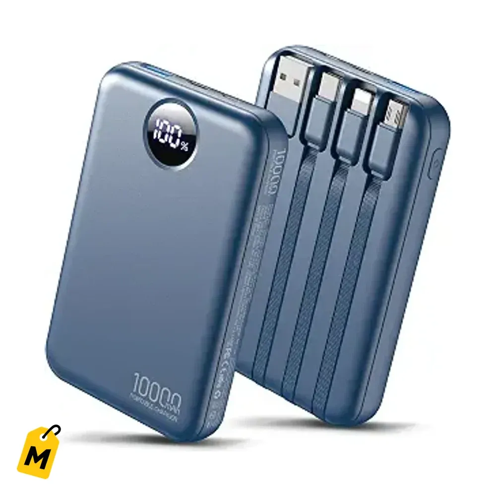 Power Bank 10000mAh con Cables Integrados Carga Rapida y Pantalla LED Azul Marino