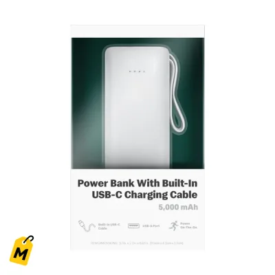 Power Bank 5000mAh con Cable USB-C Integrado Carga Rapida