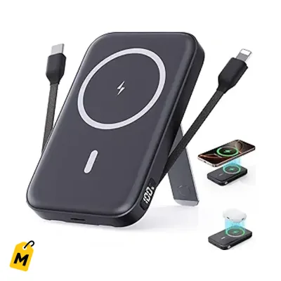 Power Bank VTIAEK 16800mAh Inalambrico Magnetico con 2 Cables Integraos y Pantalla LED