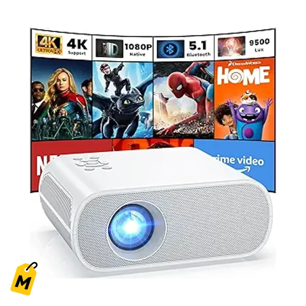 Proyector HOMPOW Full HD 1080P con Bluetooth y bocina. Enfoque electrico, portatil pa to l