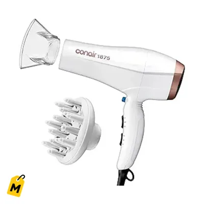 Secador Conair Doble Ceramica Ionico | Adios Frizz, Pelo Liso o Rizado, Blanco