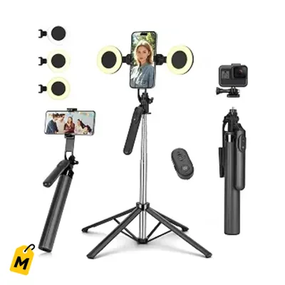 Selfie Stick Tripode Metalico con Luz y Control Remoto para Fotos y Videos Pro