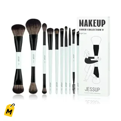 Set de Brochas Jessup 10pcs Doble Cara para Maquillaje Completo Cian Brillante